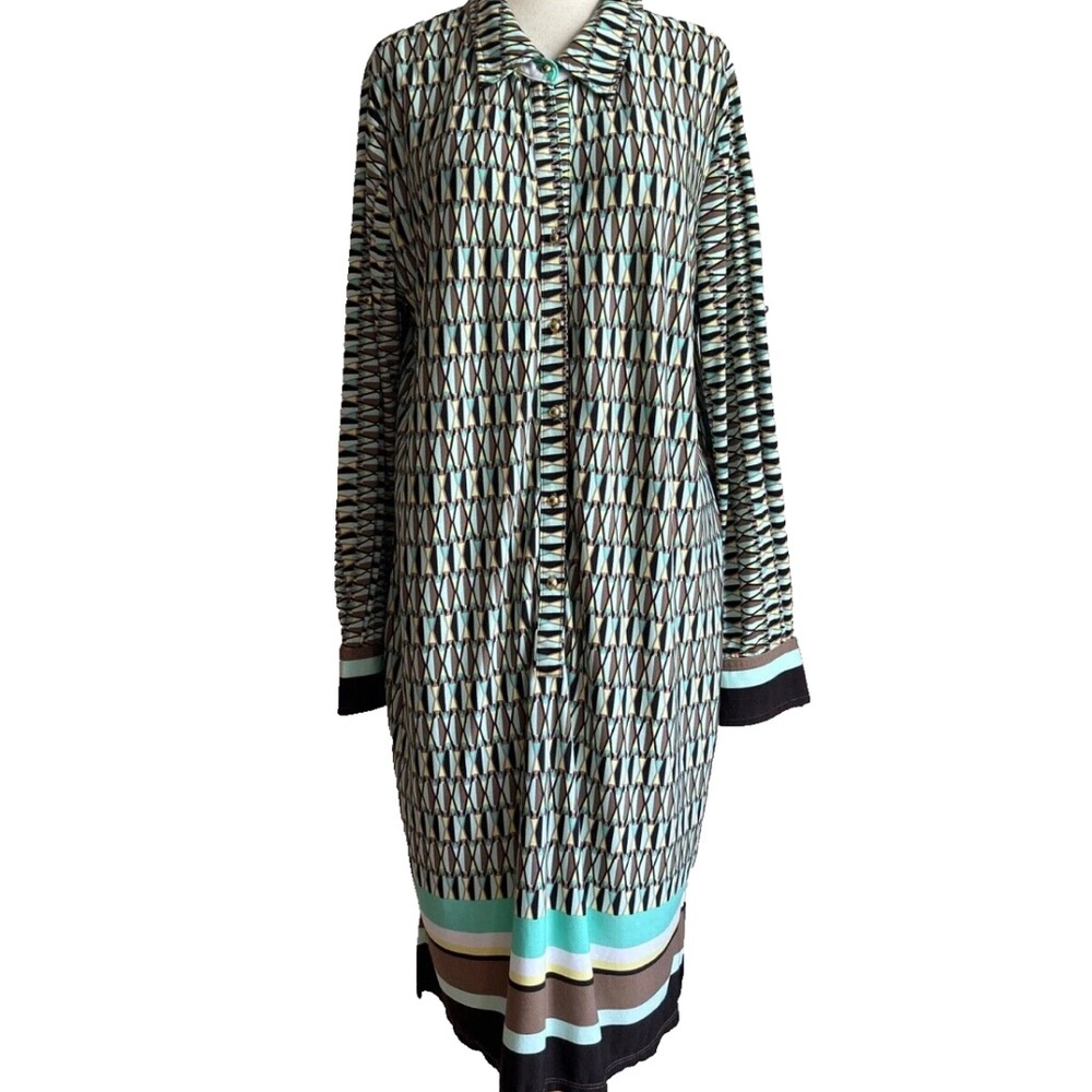 Ellen Tracy Geometric Long‎ Sleeve Dress - Black, Brown, Cream, Blue